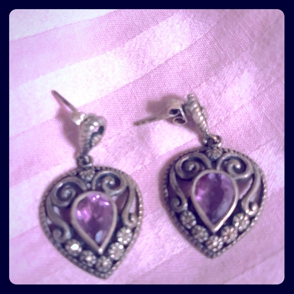 Sterling silver pierced earrings amethyst gem stone filigree artisan Vintage
